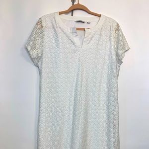 ISAACMIZRAHILIVE: BEAUTIFUL WHITE LACE OVER LAY MIDI DRESS. ABOVE KNEE. LARGE